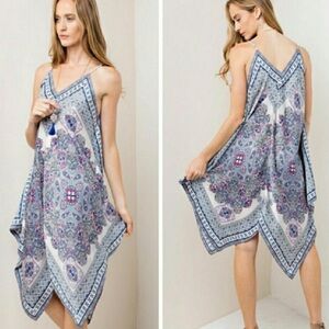 NWOT Boutique Brand Bohemian Blue and White Handkerchief Dress